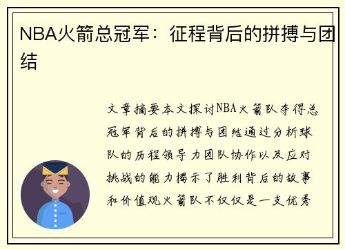 NBA火箭总冠军：征程背后的拼搏与团结